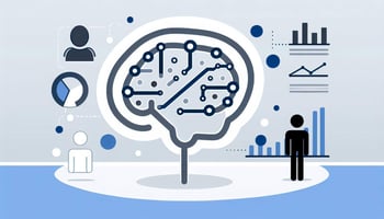 Um cérebro digital interagindo com símbolos de pessoas e gráficos, simbolizando a integração da IA na gestão de RH.